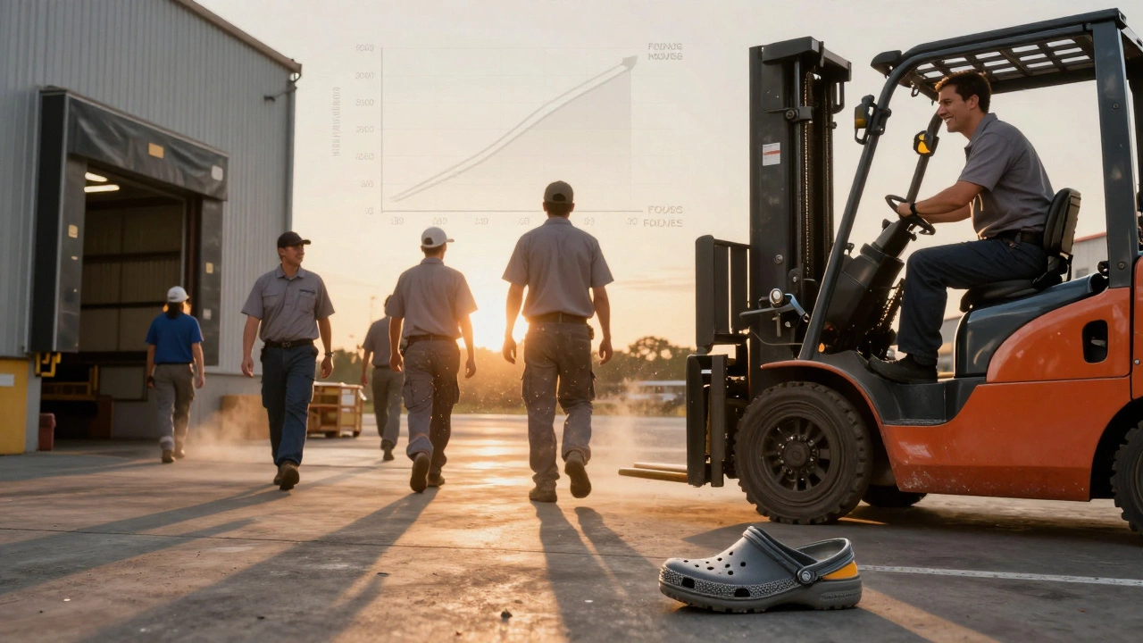 Warehouse staff wearing supportive Crocs under golden hour lighting, symbolizing comfort and reduced fatigue.