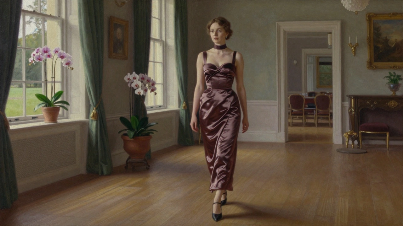 Woman in a tea-length satin dress walking through a country club ballroom, refined and timeless.