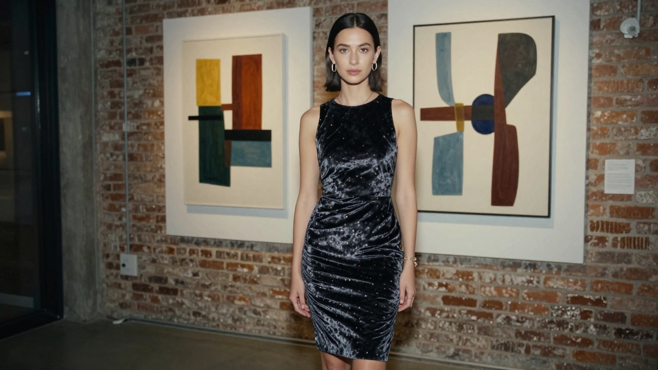 Woman in a velvet knee-length dress at a modern art gallery opening, stylish and confident.