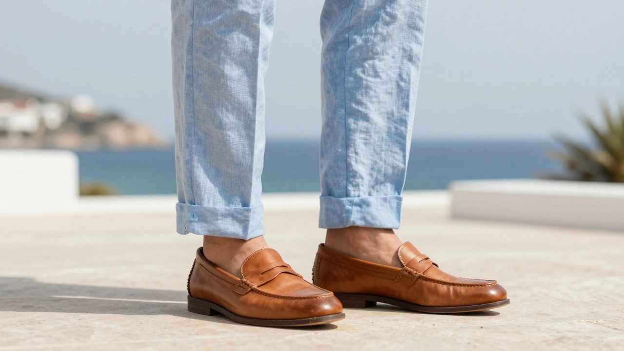Close-up of a light blue linen suit and tan leather shoes on a sunny terrace.