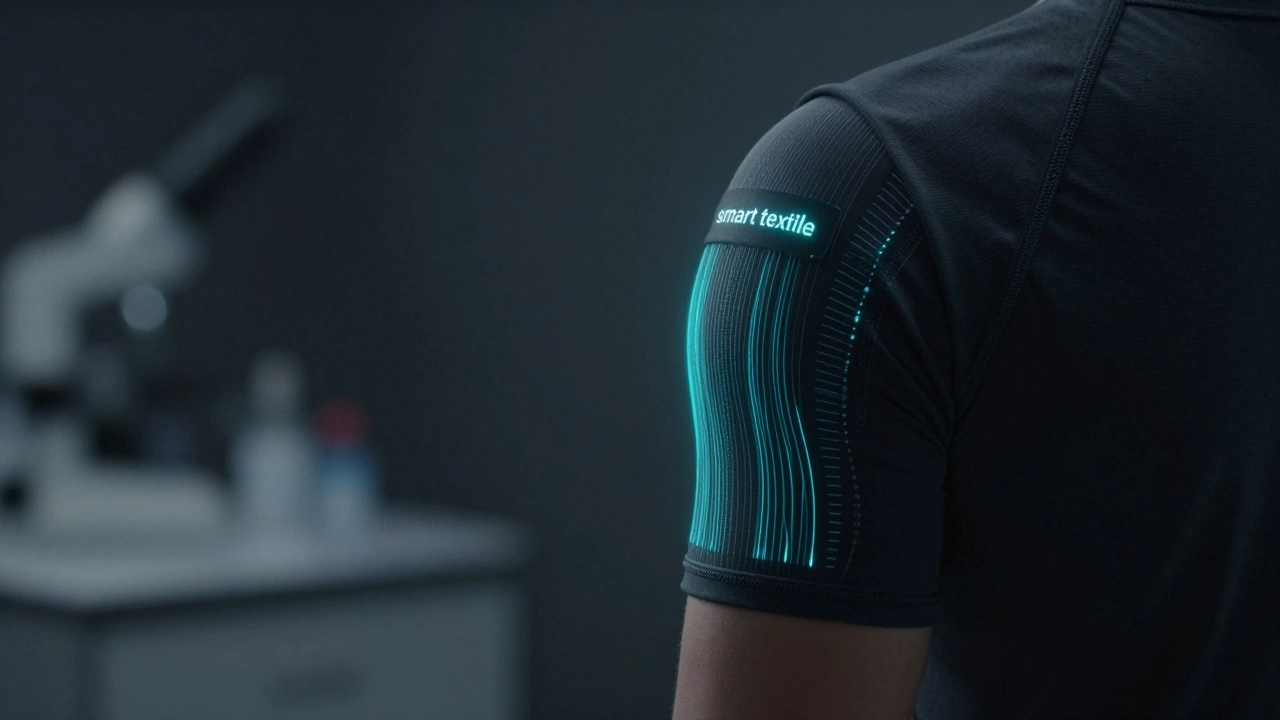 Close-up of a smart fabric sleeve with glowing integrated biometric sensors.