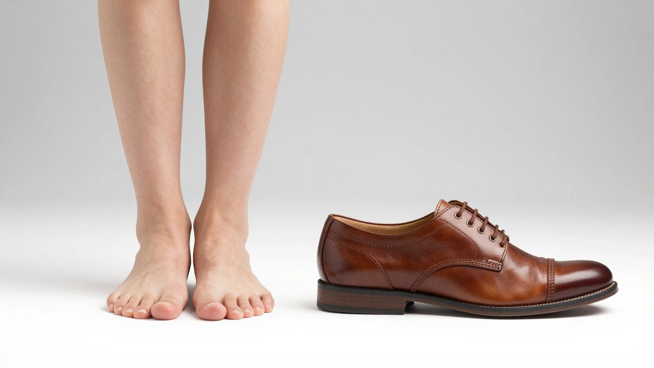 Comparison of a straight leather shoe versus one tilting inward due to worn support