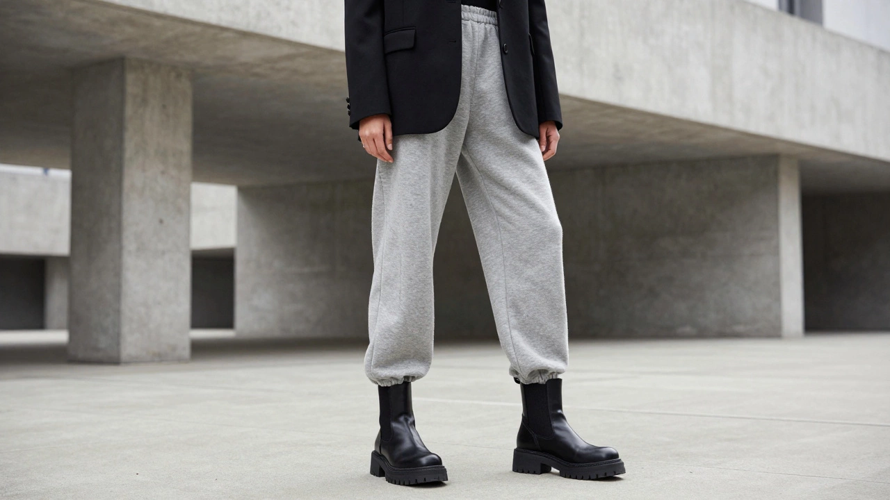Fashionable person wearing oversized sweatpants with a structured black blazer