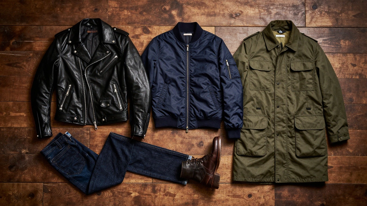 Flat lay of a leather jacket, bomber jacket, and chore coat on a wooden background.