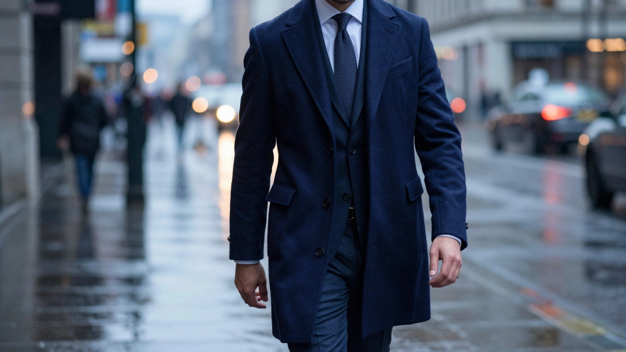 Man in a navy blue formal Chesterfield overcoat walking in a rainy city at night.