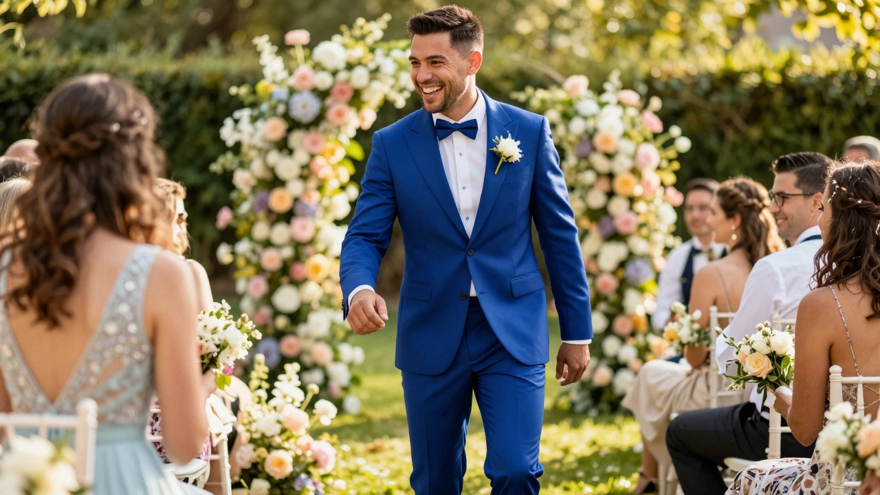 Man wearing a vibrant royal blue suit at an outdoor wedding event.