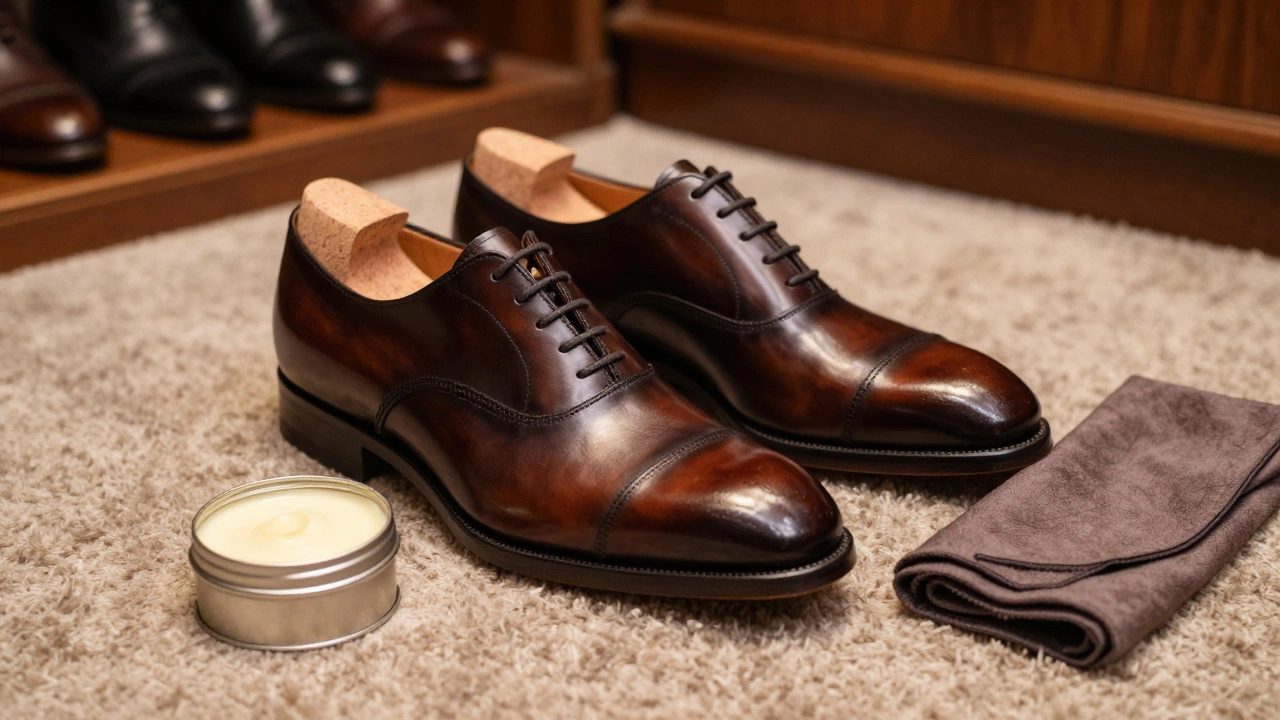 Polished leather shoes with cedar shoe trees and conditioner in a sophisticated room