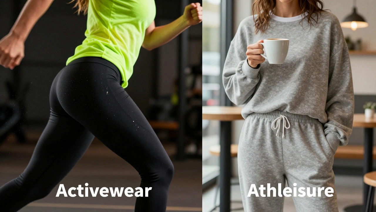 Split image comparing high-performance activewear and casual athleisure wear