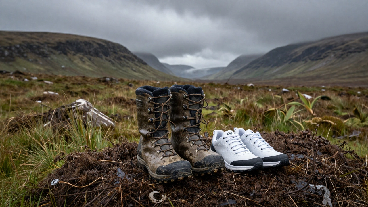 Waterproof hiking boots and city trainers standing in a muddy Scottish Highland bog.