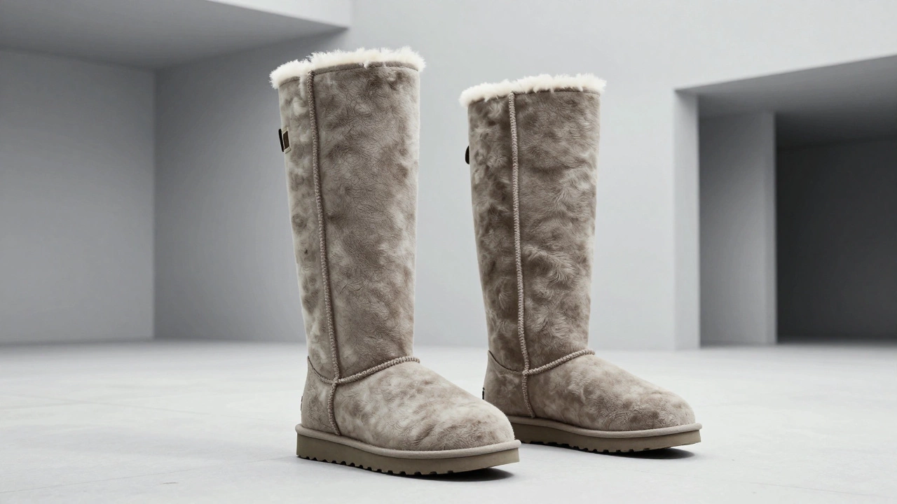Bulky sheepskin boots contrasting with sleek minimalist architecture