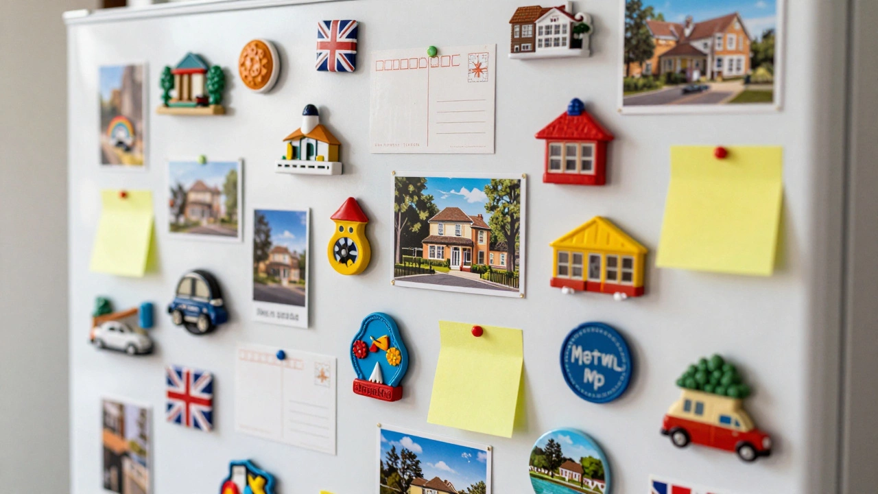 Close-up of colorful fridge magnets covering a white door