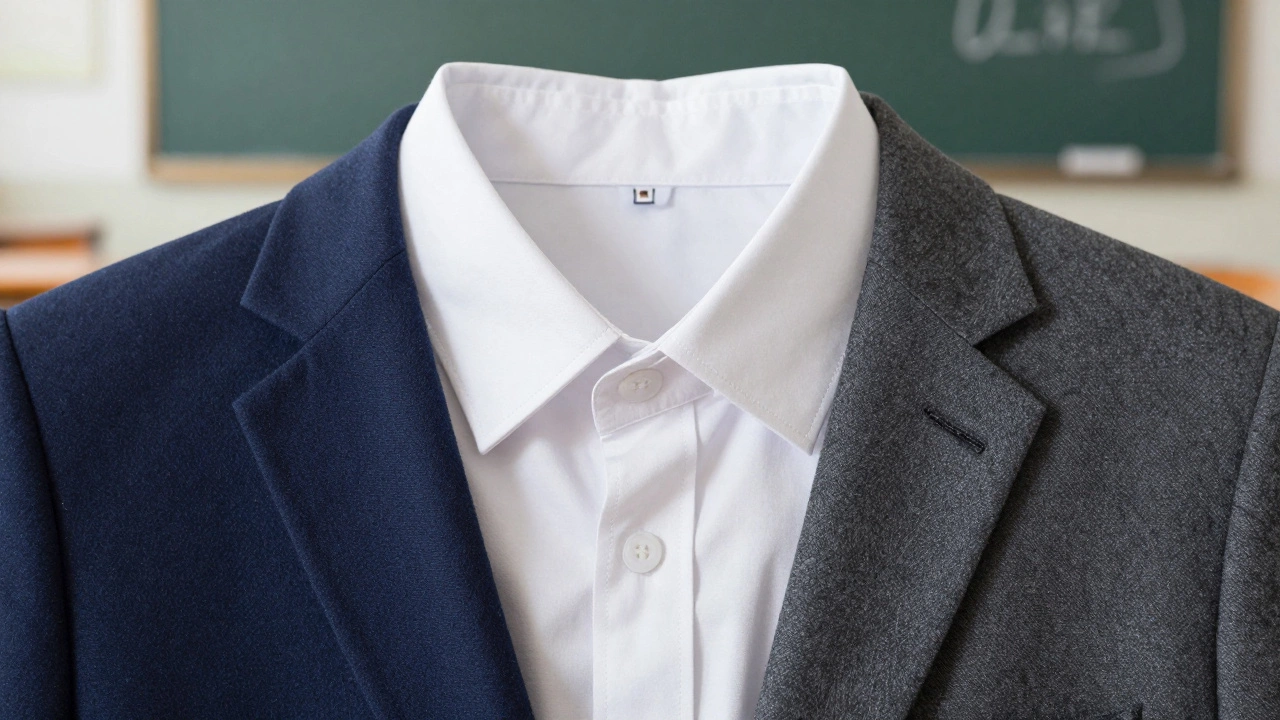 Close-up of navy, white, and grey school uniform fabric textures