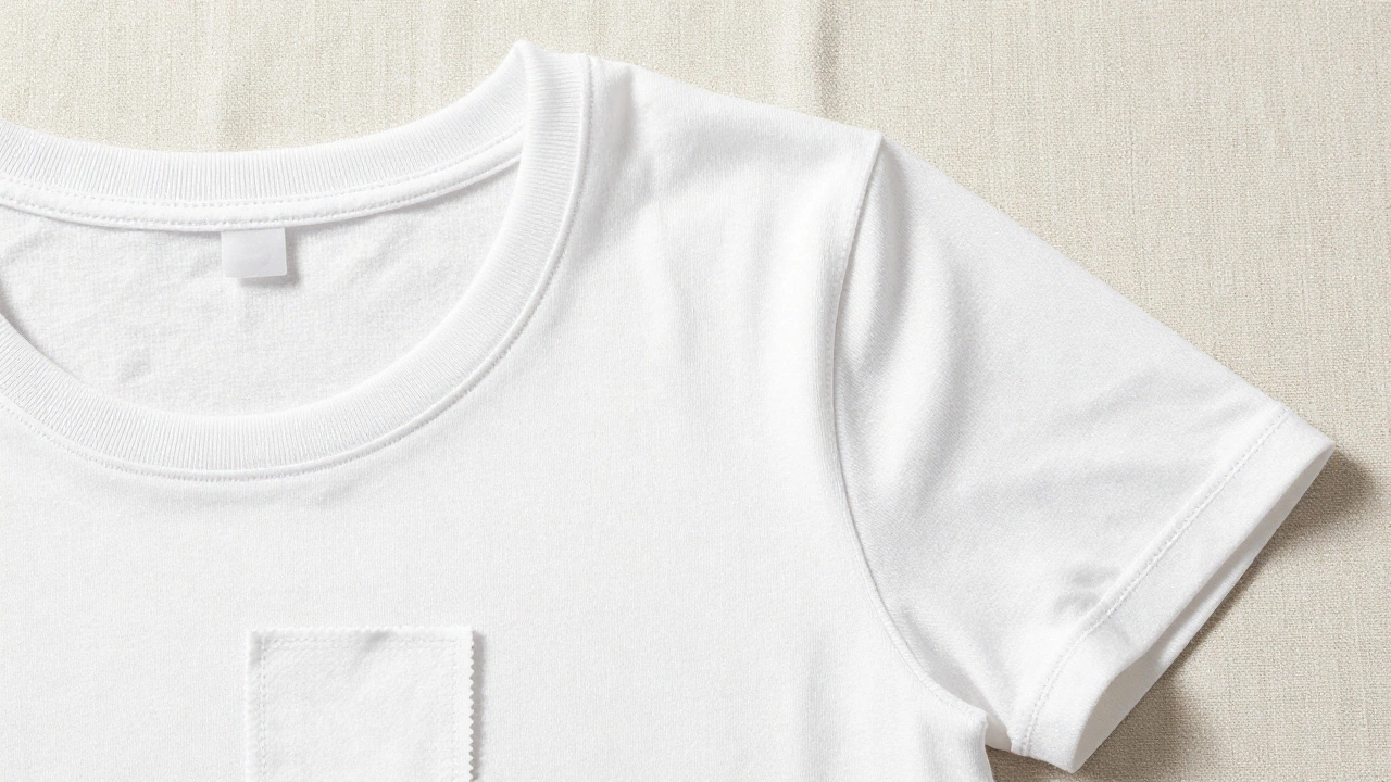 Close up of reinforced neckline and flatlock stitching on premium tee