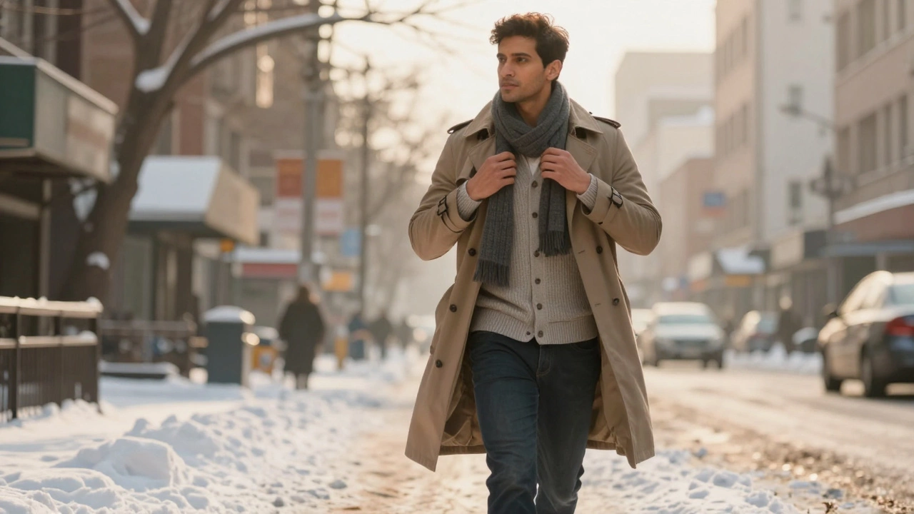 Confident person walking in snow wearing optimal three-layer winter outfit