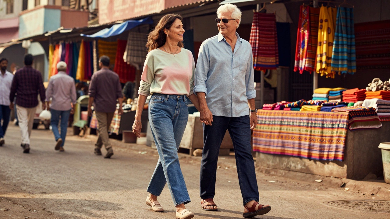 Elderly couple walking happily in stylish denim outfits through a vibrant market