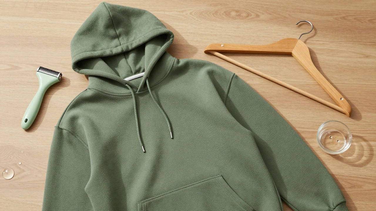 Flat lay of an olive green hoodie with fabric shaver and hanger for care tips.