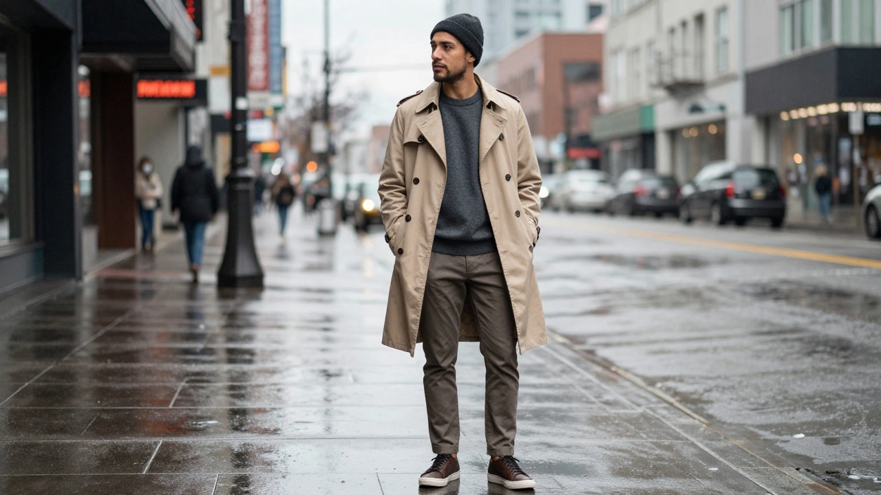 Man wearing a layered crewneck and trench coat in a rainy city street