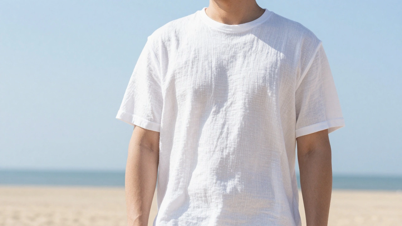 Man wearing loose breathable linen t-shirt on sunny beach