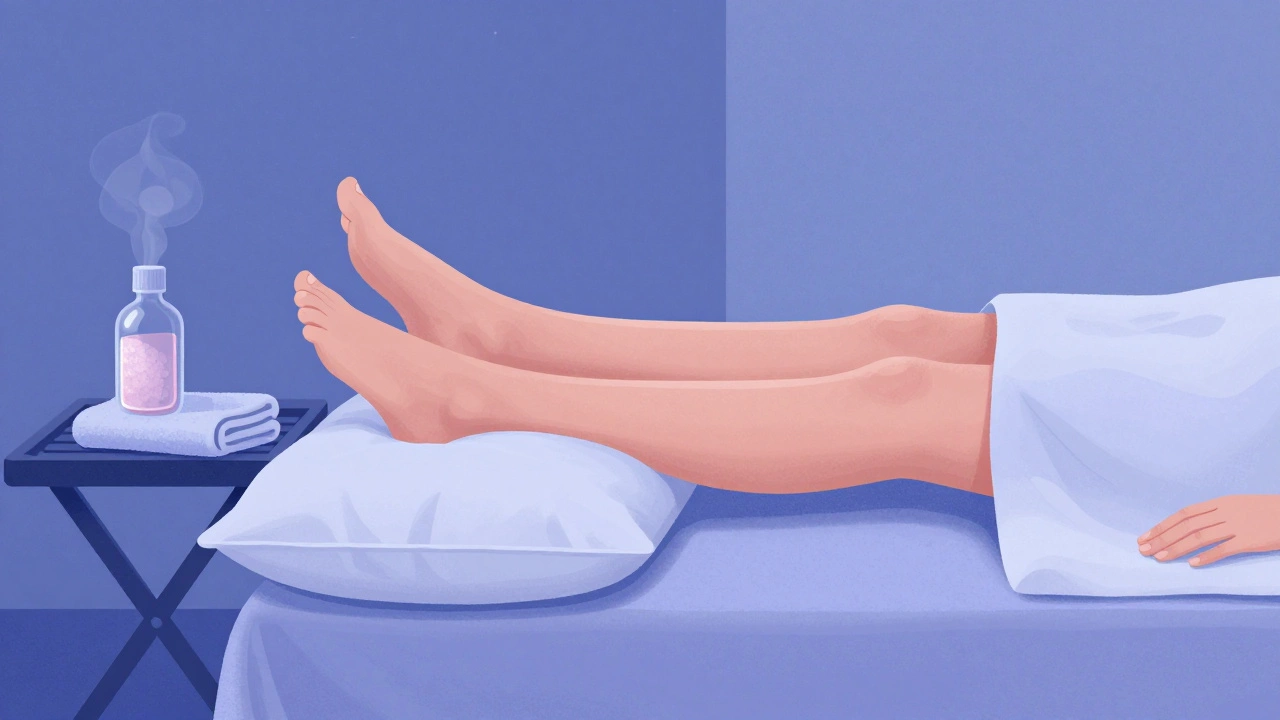 Person elevating legs for recovery next to a bath caddy with Epsom salts.