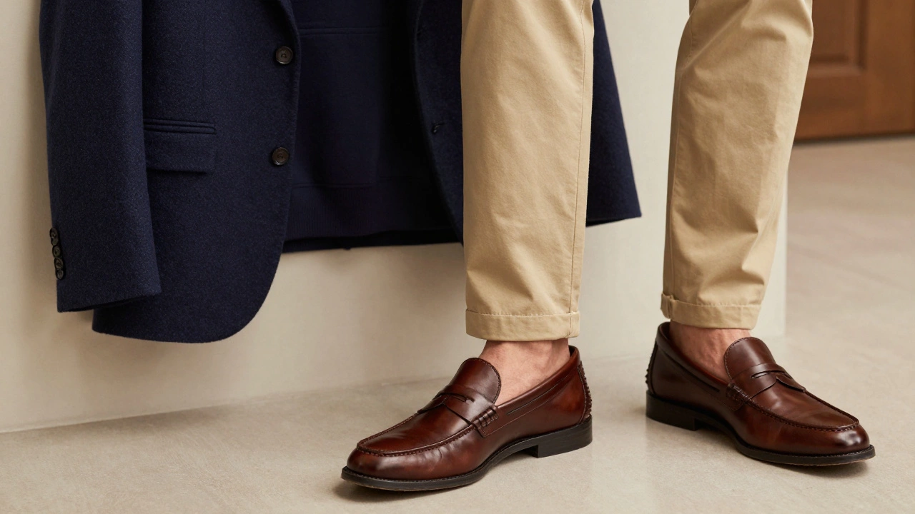 Smart-casual outfit featuring a navy hoodie under a blazer with chinos and loafers.