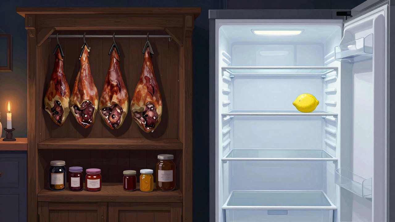 Split image showing a traditional larder and an empty modern fridge