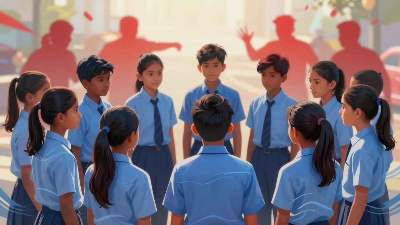 Students in uniforms feeling calm and focused in a conceptual illustration