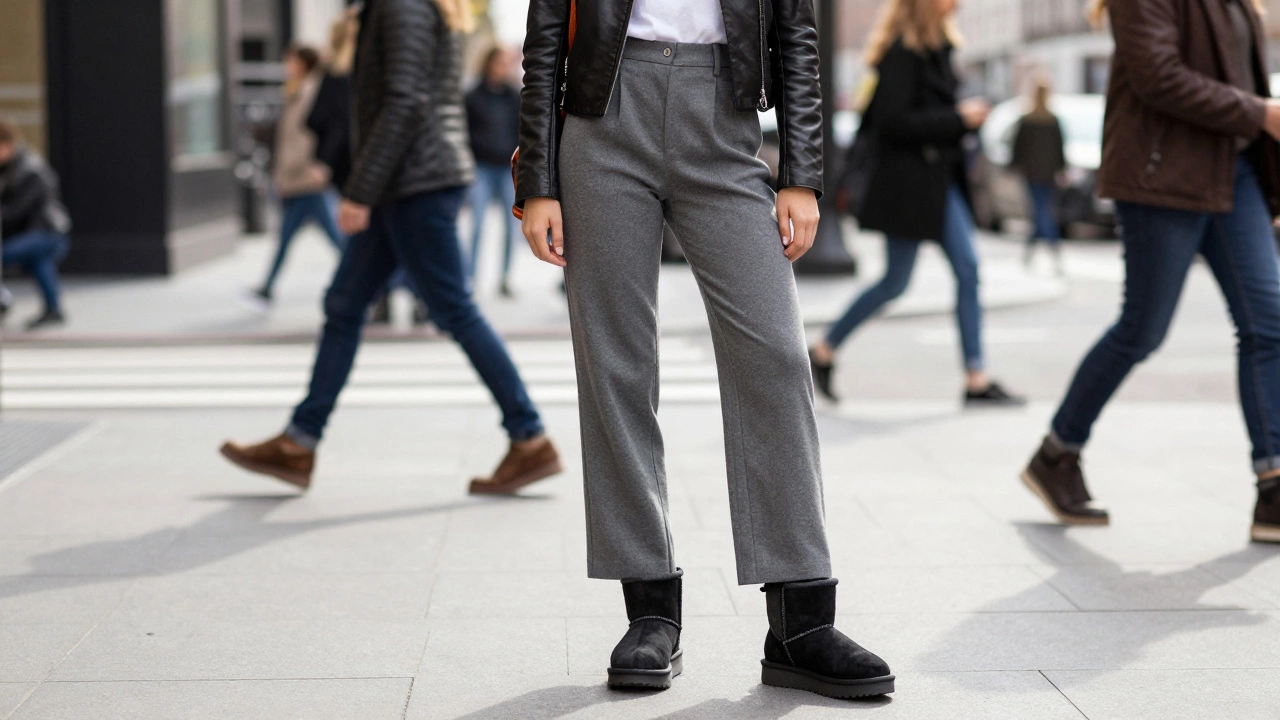 Stylish woman wearing mini UGGs with tailored pants and leather jacket