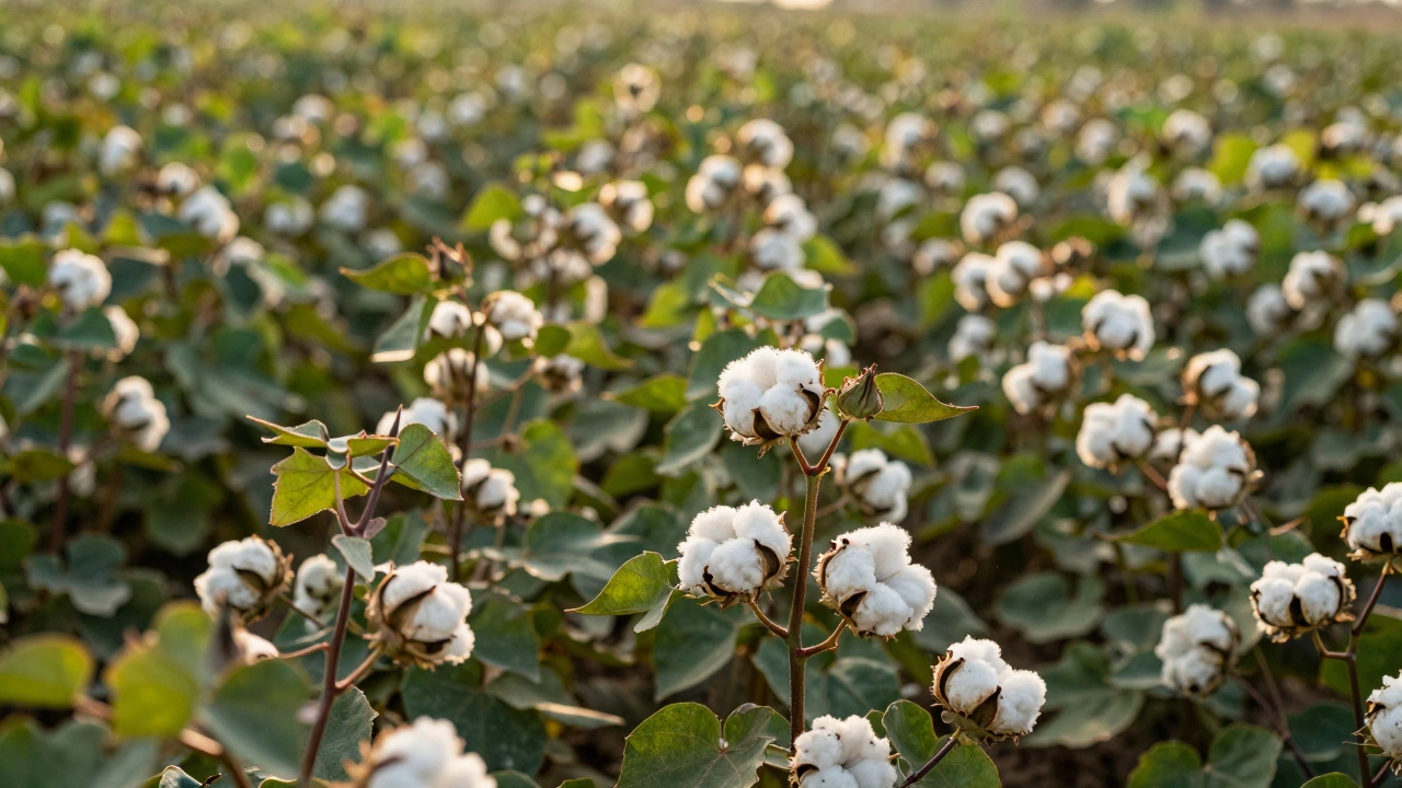 Sunlit organic cotton field with fluffy white bolls swaying in breeze