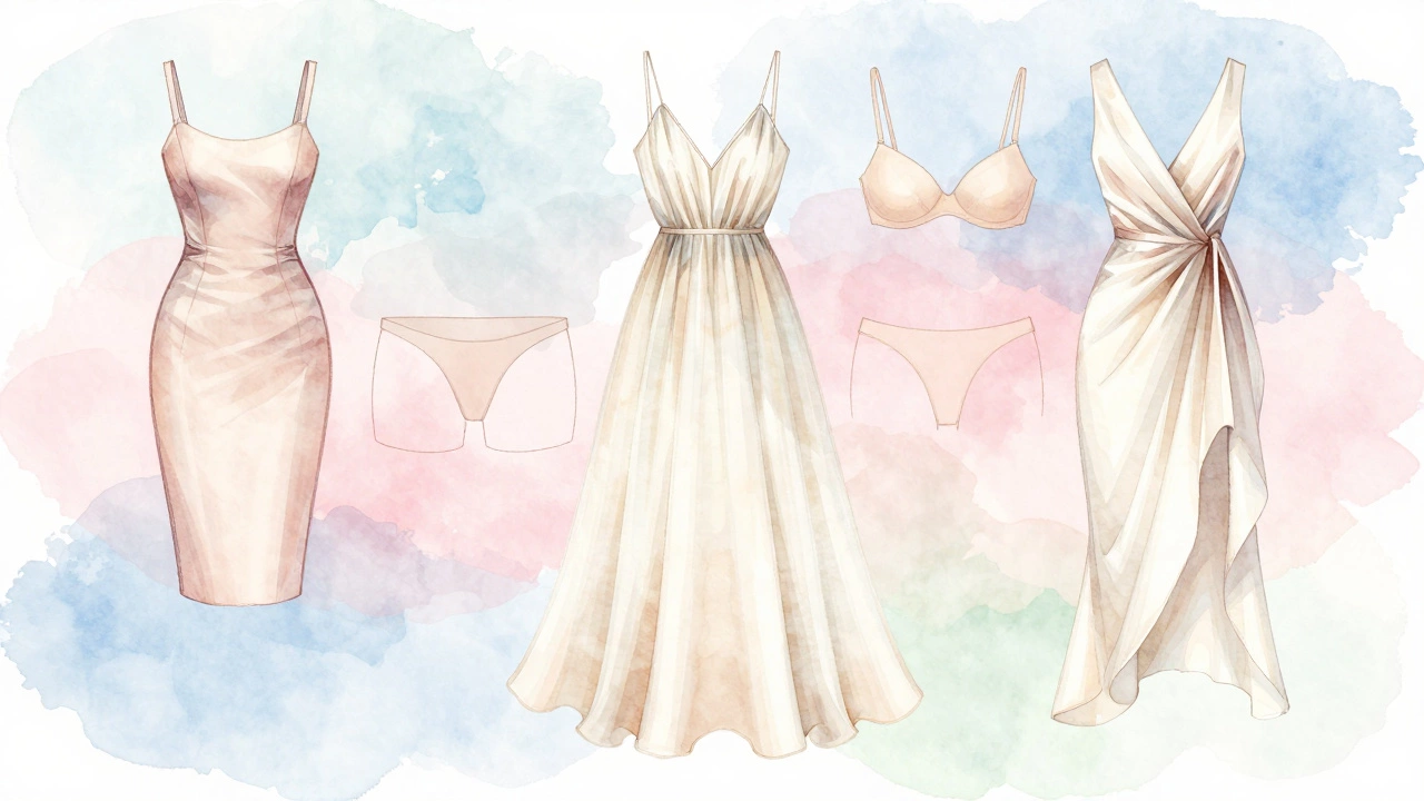 Watercolor illustration of dresses with subtle undergarment hints