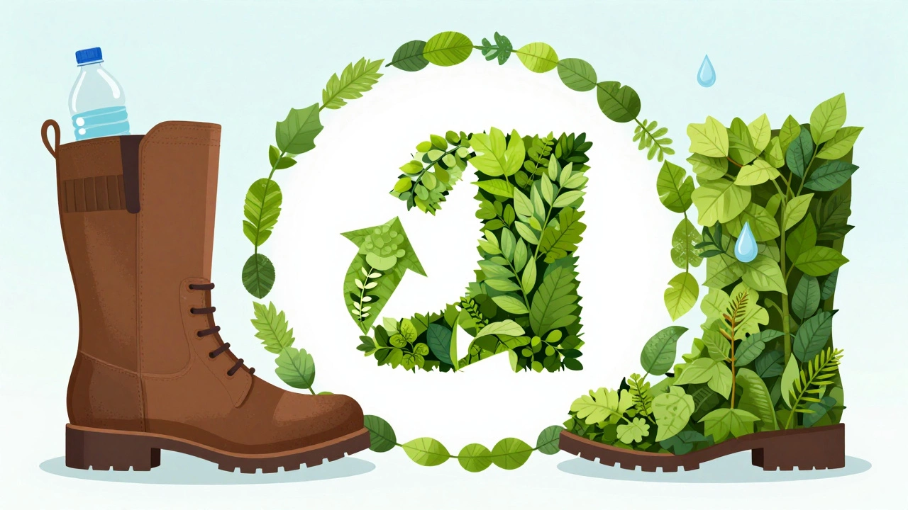 Artistic concept of boots transforming into nature for sustainability