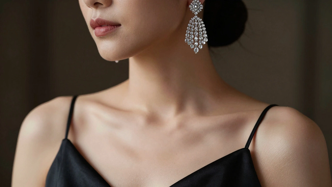 Close-up of chandelier earrings and bare neck on a silk dress