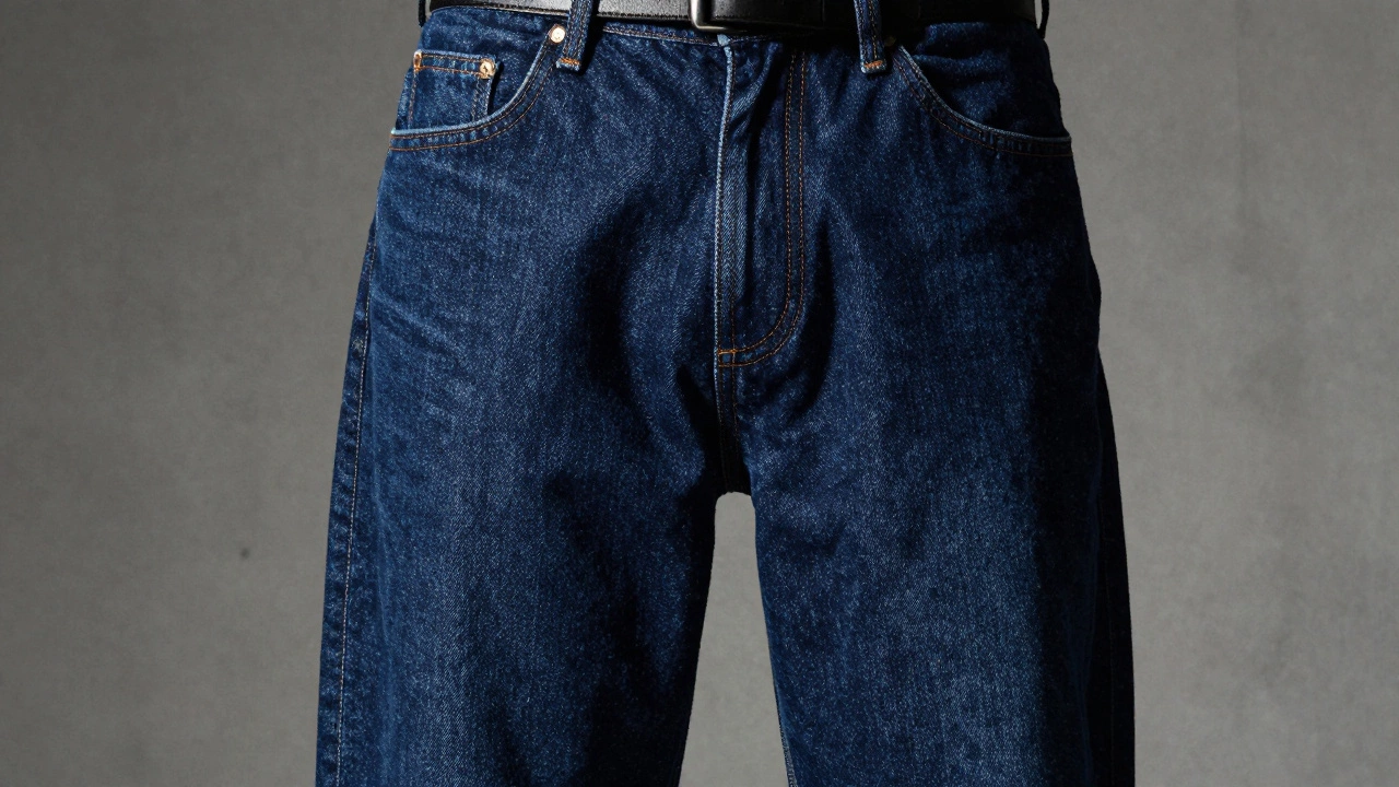 Close-up of heavyweight raw indigo baggy denim texture