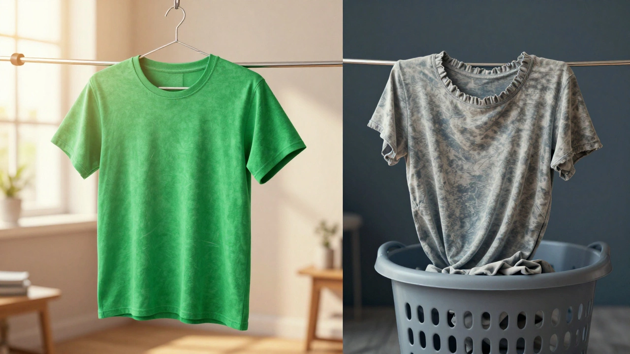 Comparison of a durable new t-shirt versus a worn-out fast fashion shirt