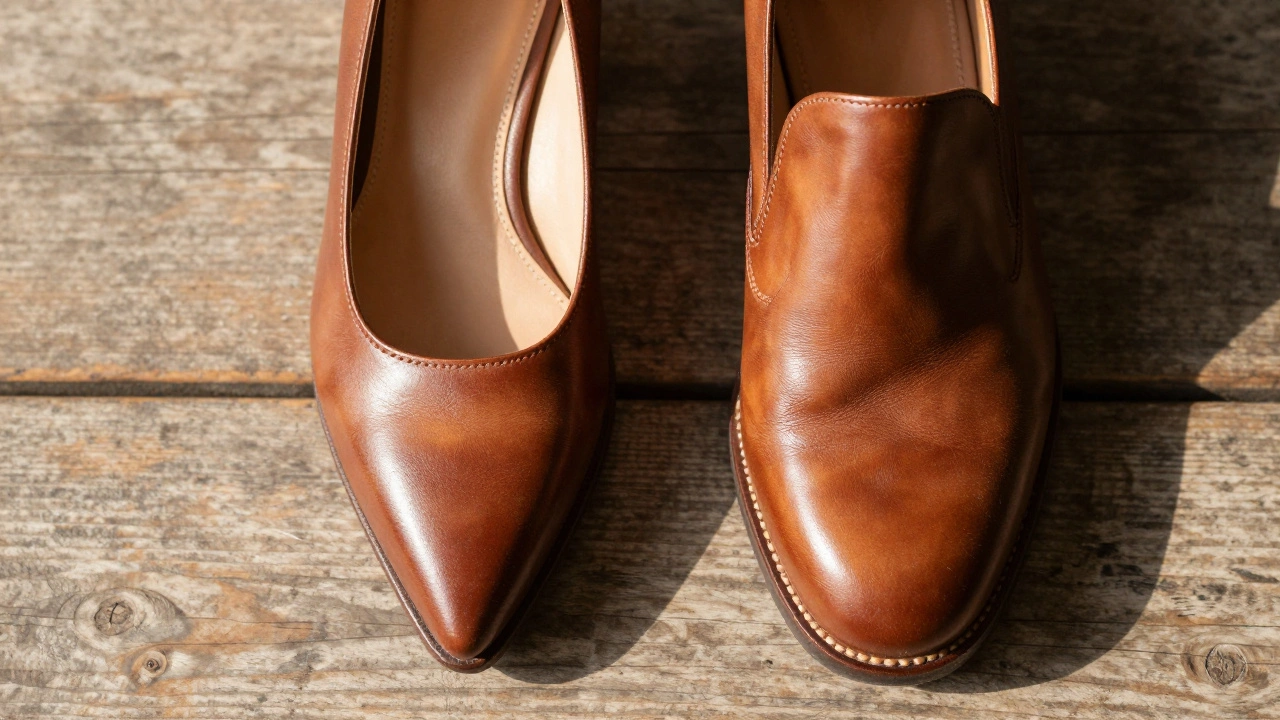 Comparison of pointed vs round-toe shoes on a wooden table