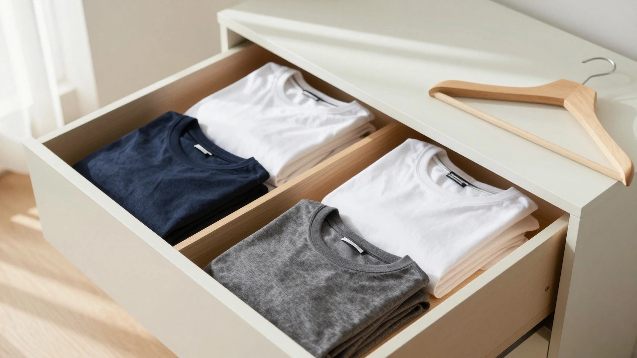 Neatly folded t-shirts organized in a drawer with wooden dividers