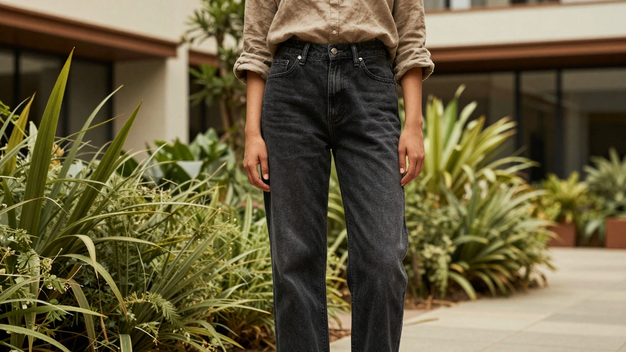 Person in sustainable mid-rise black faded jeans outdoors