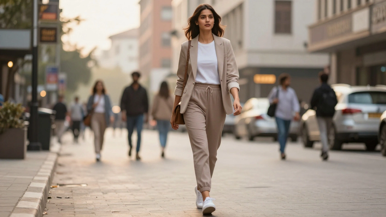 Professional woman wearing stylish athleisure outfit on a city street.