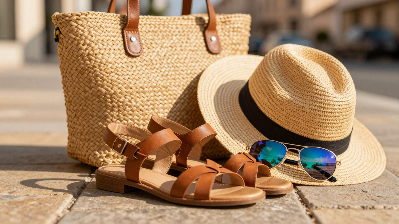 Strappy sandals, straw hat, and sunglasses on stone tiles
