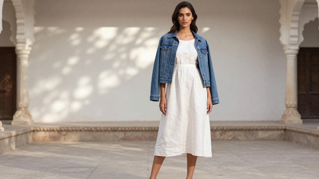 Woman in white linen dress with denim jacket in courtyard