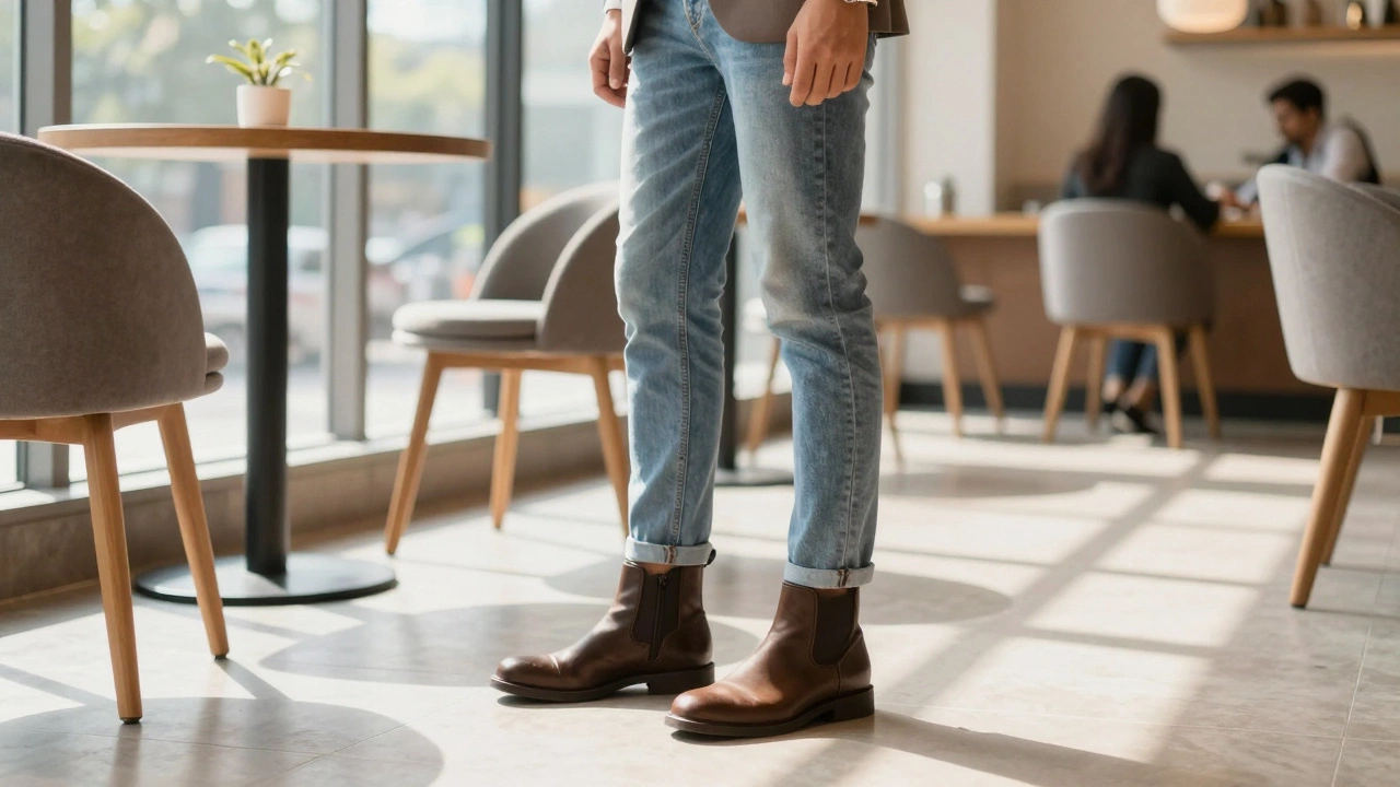 Young professional wearing versatile boots in a sunny urban cafe