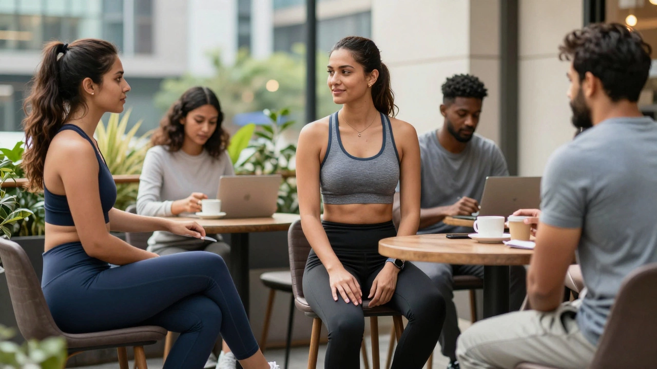 Young professionals wearing stylish athleisure at an outdoor cafe in a modern Indian city
