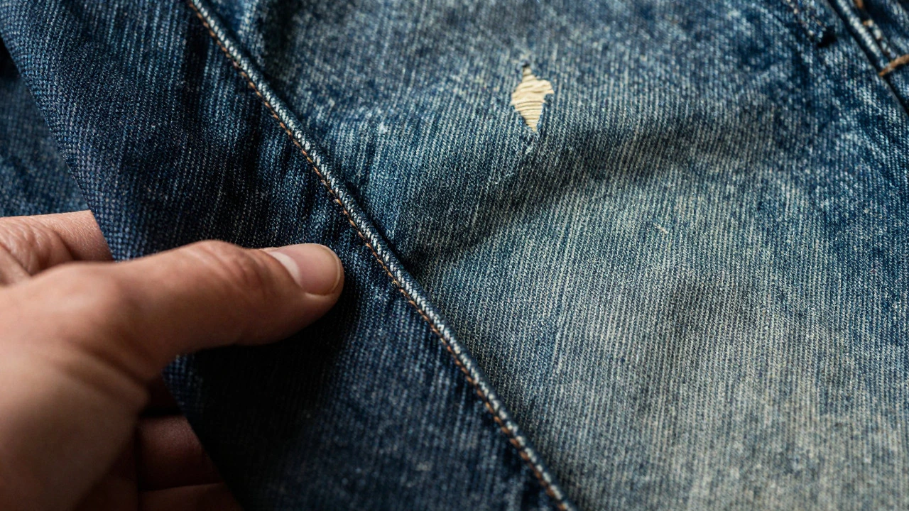 Close-up of raw denim and vintage fabric textures showing natural wear