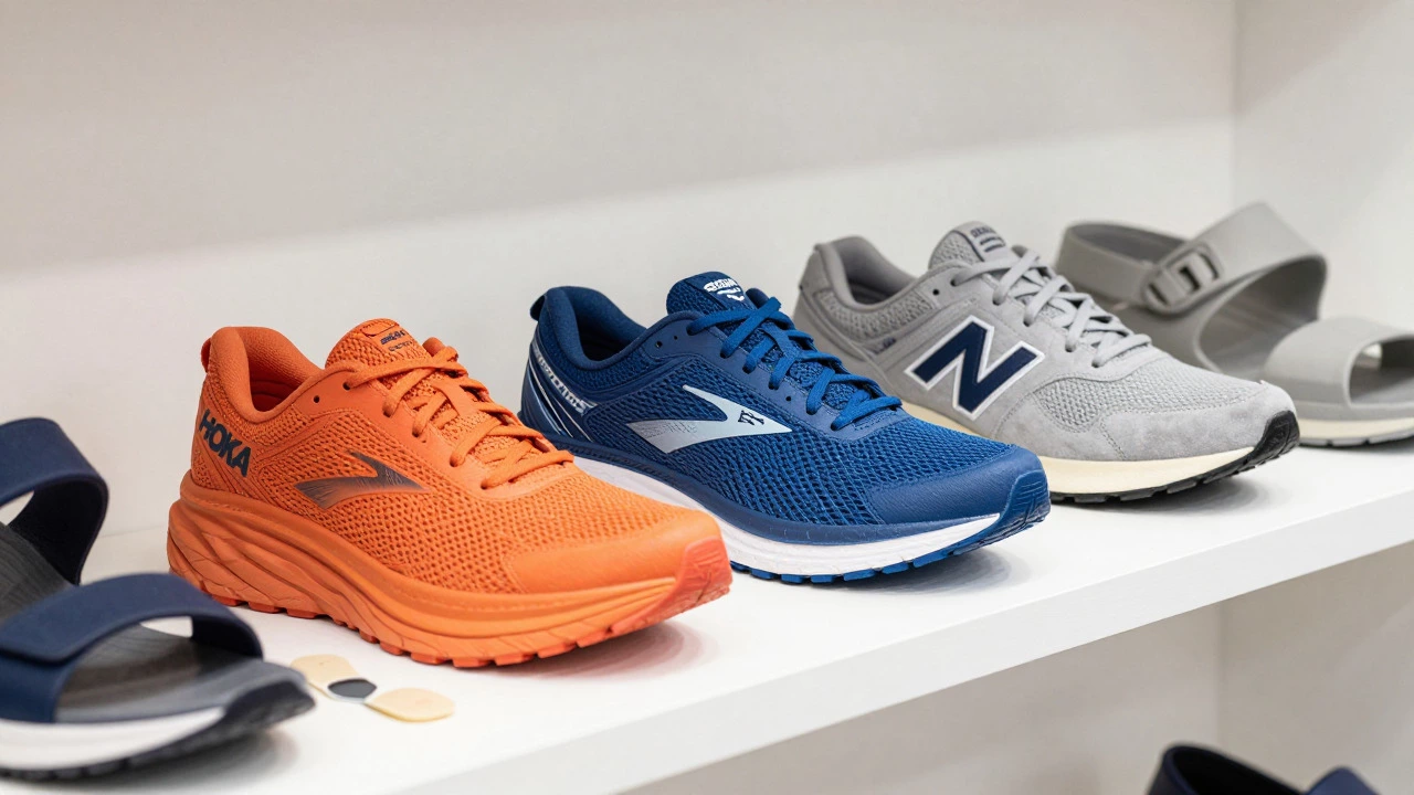 Collection of supportive shoes from brands like Hoka and Brooks