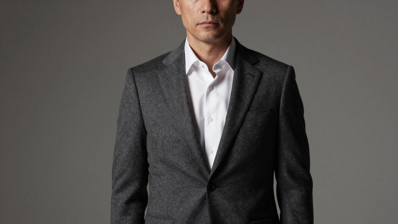 Confident man in charcoal grey suit posing against a neutral background