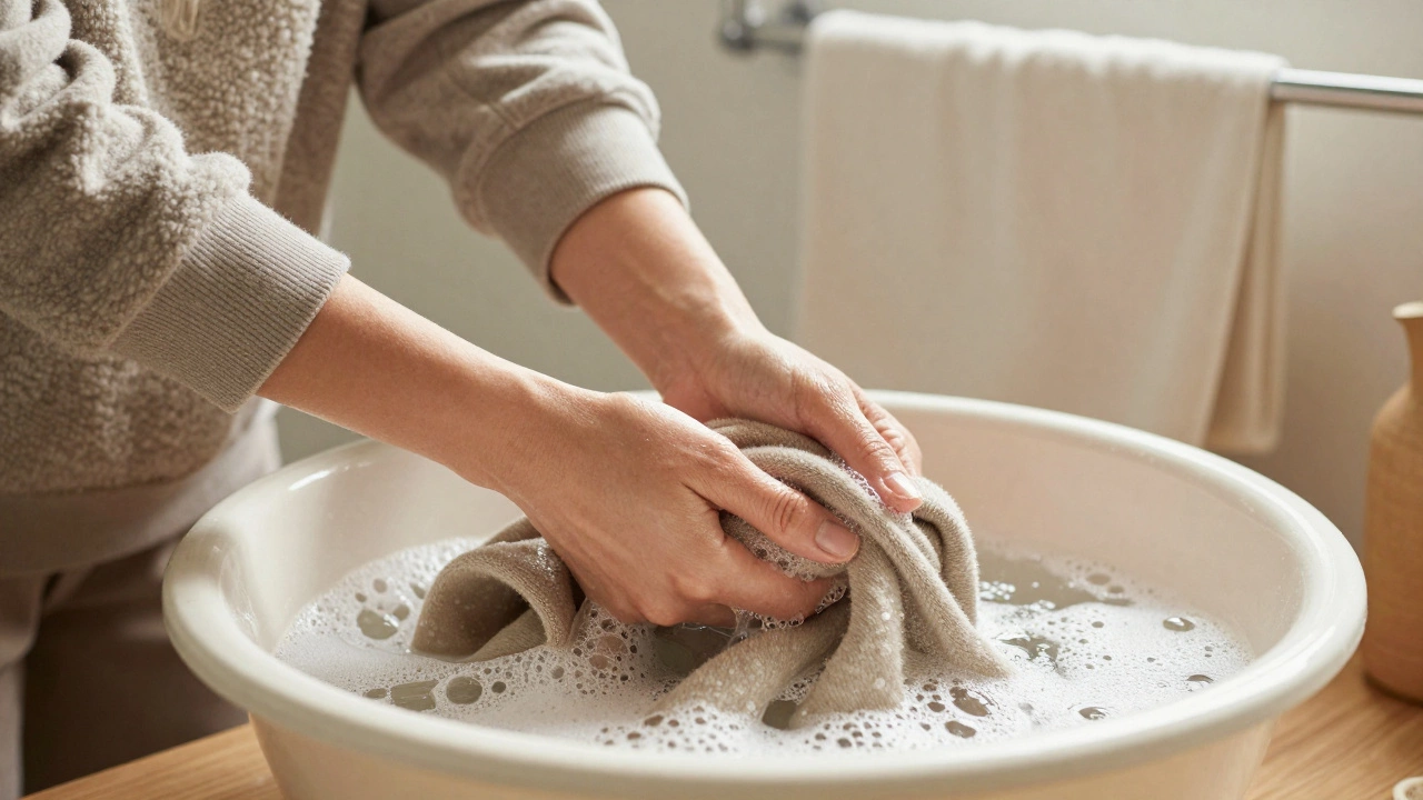 Hands gently washing a hoodie in a basin with lukewarm water