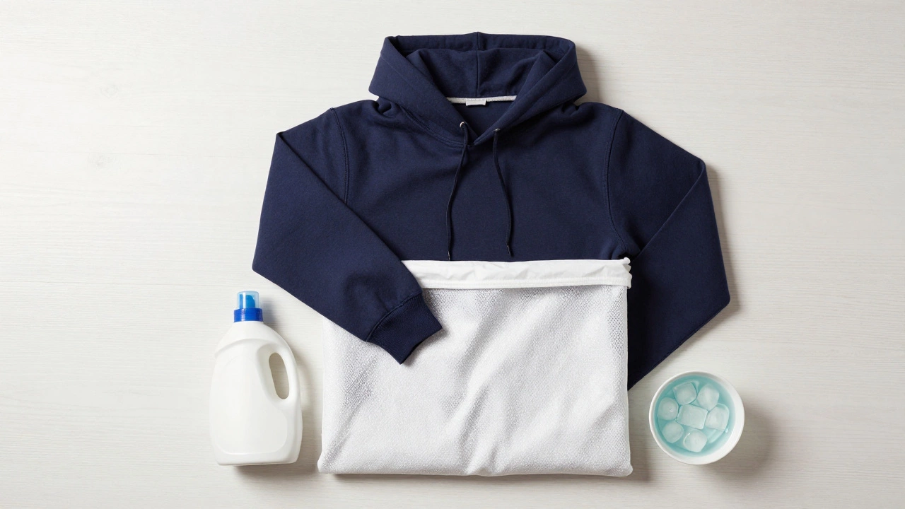 Inside-out hoodie in a mesh bag next to detergent and cold water