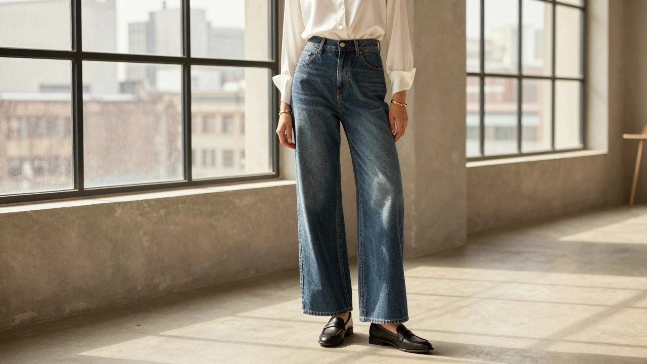 Person wearing wide-leg raw denim with silk blouse and loafers