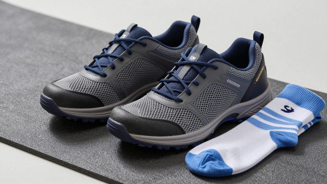 Supportive work shoes and compression socks on anti-fatigue mat