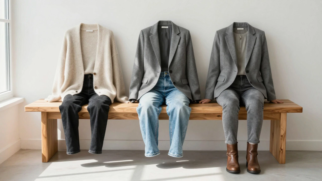 Three denim outfit variations on a wooden bench
