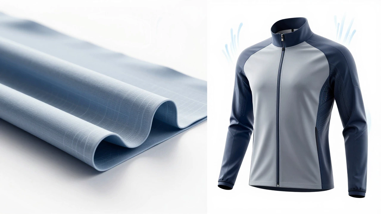 Artistic illustration showing the transformation of fabric into a technical sports jacket